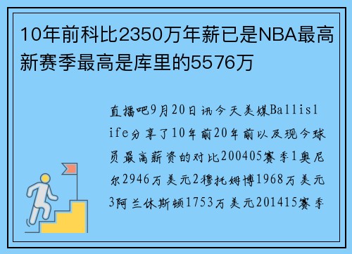 10年前科比2350万年薪已是NBA最高 新赛季最高是库里的5576万