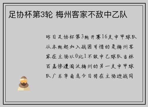 足协杯第3轮 梅州客家不敌中乙队